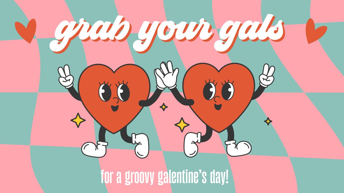 Grab your gals for a Groovy Galentine's Day. Two cartoon hearts high fiving